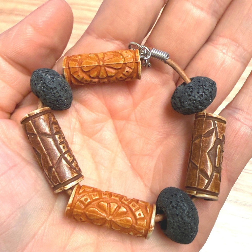 Carved Resin and Lava Rock Leather Cord Bracelet Boho Tribal Brown Black